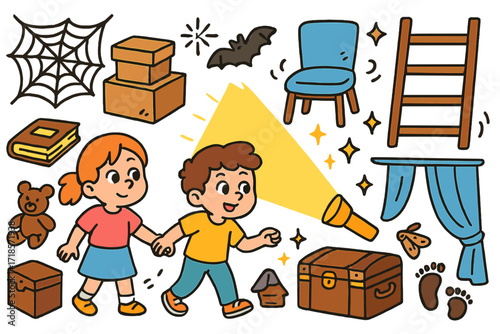 Exploring Attic Treasures. Colorful Hand-drawn doodle Children illustration Exploring the Attic with Flashlight flashlight, cobweb, boxes, old book, toy, dusty