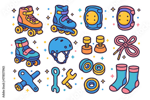 Roller Skate Gear Icons. Colorful isometric vector icons set of roller skate gear: quad skates, inline skates, knee pads, elbow pads, wrist guards, skate