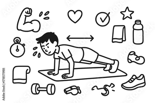 Push-Up Essentials Doodle. Hand-drawn doodle illustration Bodyweight exercise push-up person push-up pose, yoga mat, stopwatch, muscle arm, sweat drops, heart,