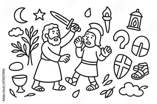 Peter's Ear Doodle. Hand-drawn doodle illustration Peter cutting ear sword, soldier, olive tree, lantern, torch, helmet, shield, sandals, star, moon, cloud,