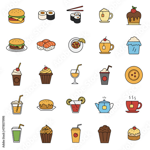 A vibrant grid of flat design illustrations showcasing a diverse range of delicious food and refreshing drink icons, including burgers, sushi, desserts, and beverages.