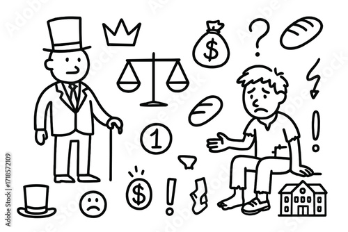 Social Class Contrast. Hand-drawn doodle illustration social class divide rich man with cane, poor beggar, money bag, crown, bread loaf, scale, coin, broken