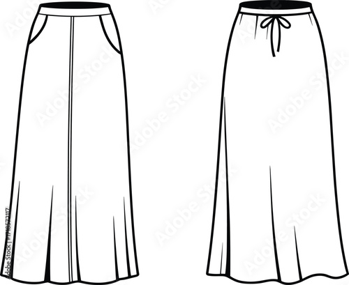 Women’s long skirt flat sketch, fashion design template with pockets and drawstring waist, front and back technical clothing illustration