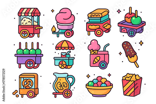 Colorful Circus Snack Icons. Colorful isometric vector icons set of circus snack parade carts: popcorn machine, cotton candy swirl, hot dog roller, caramel