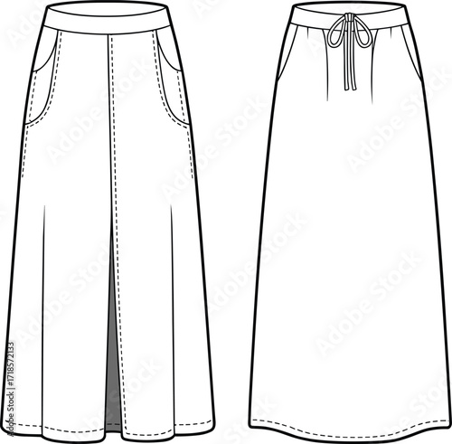 Women’s long skirt fashion flat sketch, front and back view with pockets and drawstring, technical apparel design template illustrationWomen’s long skirt 