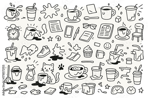 Coffee Spill Chaos. Hand-drawn doodle illustration coffee spill coffee cup, saucer, spilled liquid, droplet, paper napkin, spoon, sugar cube, steam lines, mug,