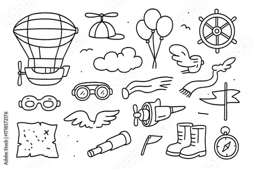 Fantasy Air Travel Doodles. Hand-drawn doodle illustration [Fantasy air travel] [airship, propeller hat, goggles, balloon cluster, steering wheel, cloud, bird