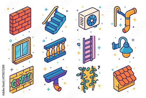 Colorful Building Icons. Colorful isometric vector icons set of building side views: brick wall, side staircase, air conditioning unit, drainpipe, side window,
