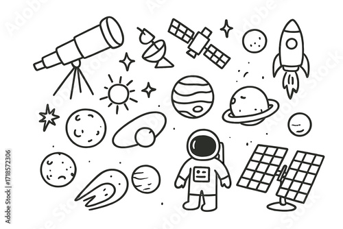 Space Exploration Doodles. Hand-drawn doodle illustration Space telescopes telescope, satellite, antenna, rocket, orbit line, star, sun, planet, mars, jupiter,