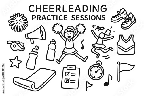 Cheerleading Doodle Elements. Hand-drawn doodle illustration Cheerleading Practice Sessions [pom-poms, megaphone, cheerleader figure, sneakers, whistle, water