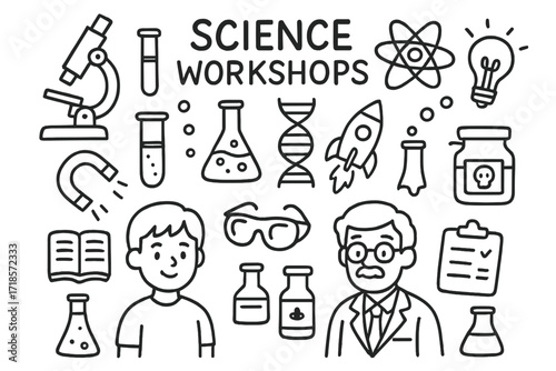 Science Workshop Doodles. Hand-drawn doodle illustration Science workshops [microscope, test tube, beaker, atom symbol, DNA strand, light bulb, magnet, flask,