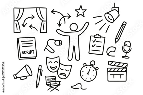 Theatrical Symbols Doodle. Hand-drawn doodle illustration Stage blocking arrows, actor figure, stage curtain, spotlight, star, clipboard, pencil, script, mask