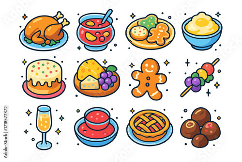 Holiday Food Icons. Colorful isometric vector icons set of holiday food and treats: roast turkey, fruit punch bowl, holiday cookies, mashed potatoes, decorated