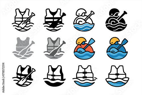Rafting Adventure Logos. Set Logo of river rafting adventure: safety gear on ground. Logo set in vector style, emblematic variations. line, bold thick line,