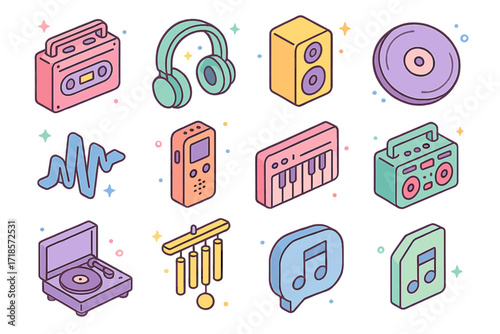 Colorful Audio Icon Set. Colorful isometric vector icons set of pastel tone audio elements: pink cassette player, mint-green headphones, lemon speaker,
