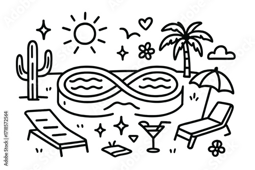 Desert Oasis Doodle. Hand-drawn doodle illustration Desert infinity pool [infinity pool, cactus, sun, star, sparkle, wave, towel, lounge chair, umbrella, bird,