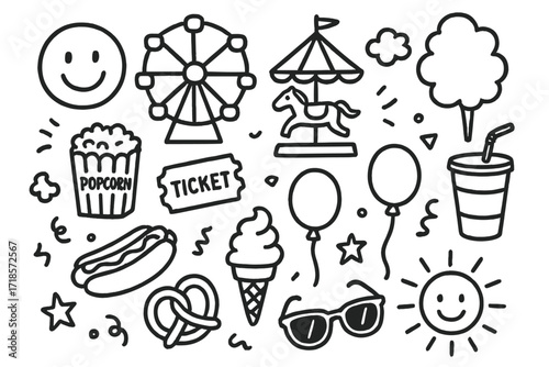 Summer Fairground Doodles. Hand-drawn doodle illustration summer fairground smiling face, Ferris wheel, carousel, popcorn box, cotton candy, ticket stub,