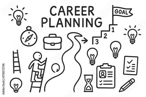 Career Planning Doodles. Hand-drawn doodle illustration [Career planning] [roadmap, compass, briefcase, steps, goal flag, idea bulb, ladder, person climbing,
