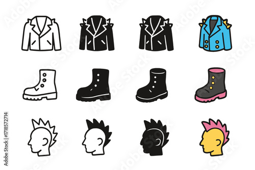 Punk Fashion Icons. Icon Set of Punk Rock Fashion: Spiked jacket, Studded boots, Mohawk hair. Icons set in vector style, emblematic variations. Spiked jacket