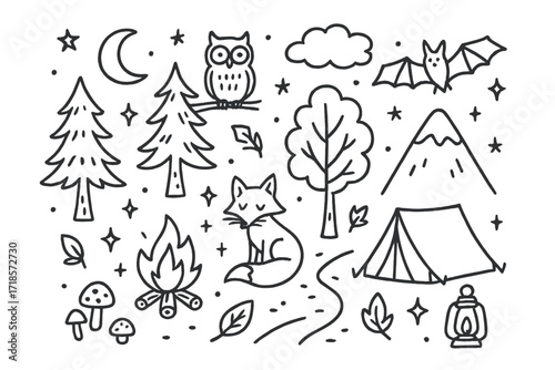 Forest Night Doodles. Hand-drawn doodle illustration Night in the forest [trees, moon, stars, owl, bat, fox, campfire, lantern, cloud, mountain, path, tent,