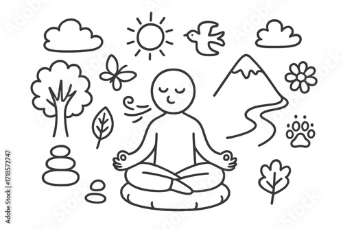 Nature Meditation Icons. Hand-drawn doodle illustration Nature meditation retreat person cross-legged, tree, mountain, river, sun, cloud, bird, leaf, flower,
