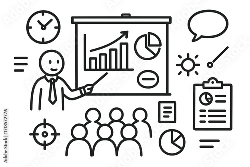 Business Presentation Doodles. Hand-drawn doodle illustration [Business presentation] [speaker, projector screen, pointer stick, graph, audience, bar chart,