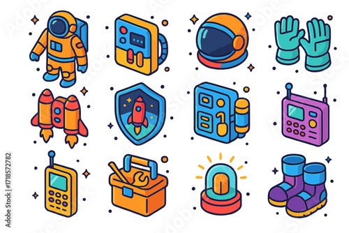 Space Gear Icons. Colorful isometric vector icons set of Space travel gear: space suit, oxygen pack, helmet, gloves, jetpack, mission badge, life support