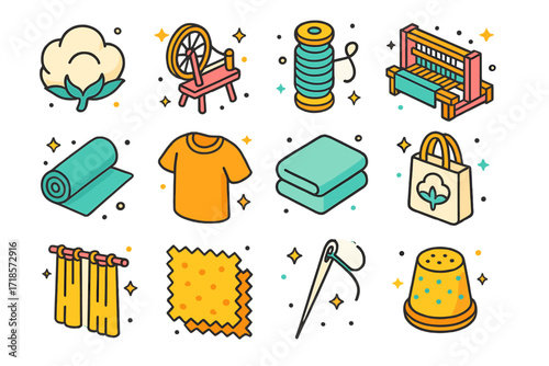 Colorful Cotton Craft Icons. Colorful isometric vector icons set of cotton fabric: raw cotton boll, spinning wheel, cotton thread spool, handloom machine,