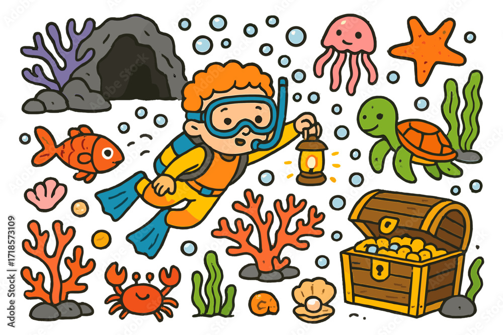 Fototapeta premium Undersea Adventure Doodles. Colorful Hand-drawn doodle Children illustration Exploring Hidden Caves diver, fish, coral, seashell, starfish, treasure chest,