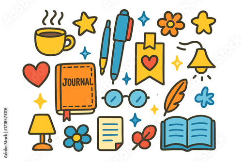 Colorful Journal Doodles. Journaling. Colorful Hand-drawn doodle Children illustration journal, pen, coffee cup, bookmark, heart, star, flower, open book,
