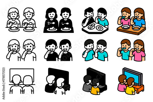 Sibling Bond Icons. Icon Set of Everyday sibling bonds: eating together, brushing teeth side by side, watching TV. Icons set in vector style, emblematic