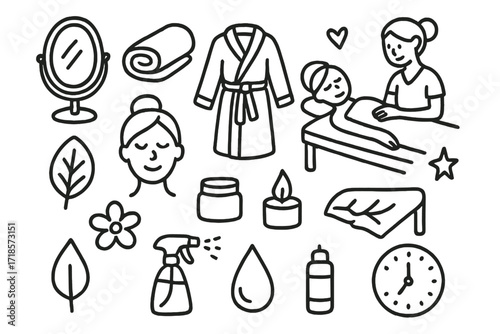 Spa Wellness Doodle. Hand-drawn doodle illustration spa and wellness mirror spa mirror, towel, robe, client figure, stylist, candle, leaf, flower, cosmetic