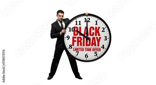 Man in a suit holding a large clock with black friday and limited time offer written on it, isolated on transparent background