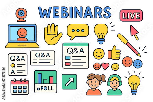Interactive Webinar Elements. Colorful Hand-drawn doodle Children illustration Webinars with Interactive Design laptop, webcam, chat bubble, raise hand icon,