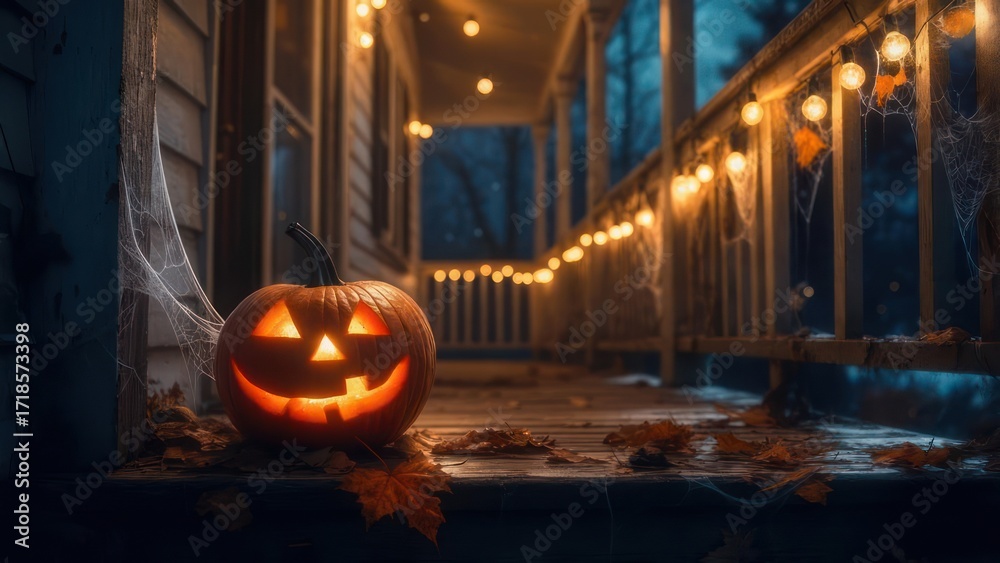 Fototapeta premium Spooky Halloween pumpkin glows warmly on a rustic porch decorated with spiderwebs and string lights, perfect for festive fall celebrations