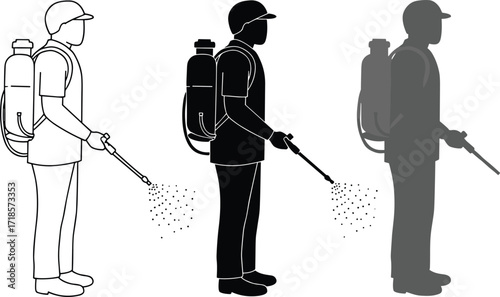 Worker spraying pesticide with backpack sprayer silhouette illustration, agriculture pest control, farming equipment, garden protection, outdoor insecticide, chemical spray safety.