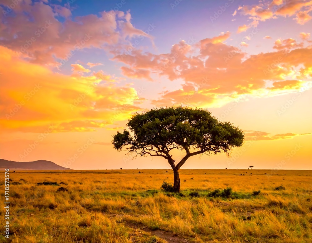Fototapeta premium Sunset over African savanna