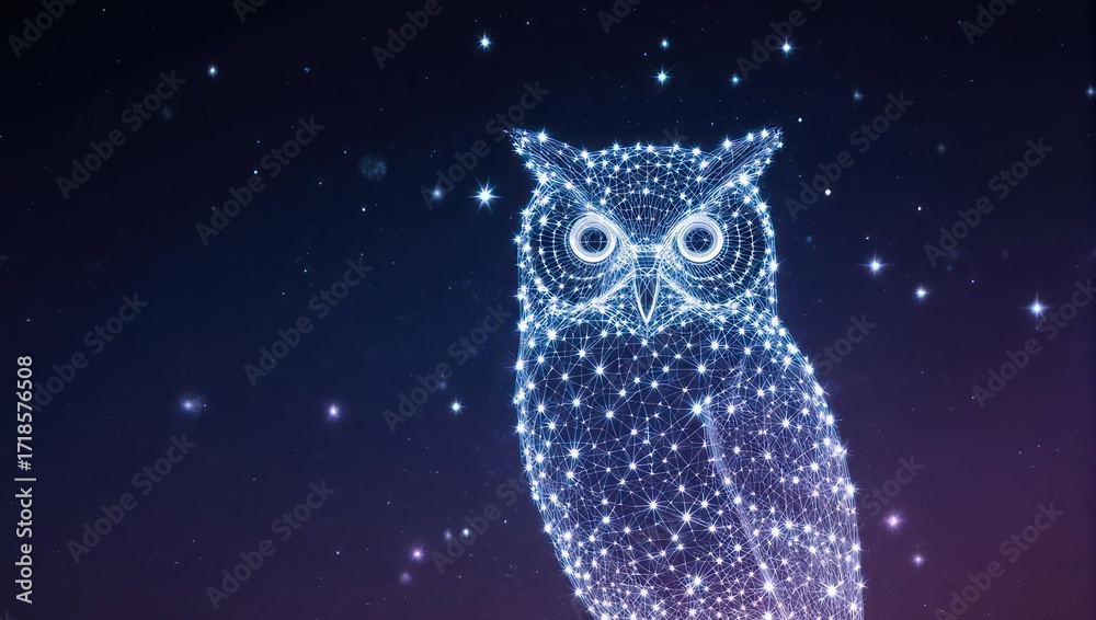 Fototapeta premium Stunning polygonal owl glowing with bright white light against a dark starry night sky evoking wisdom and knowledge