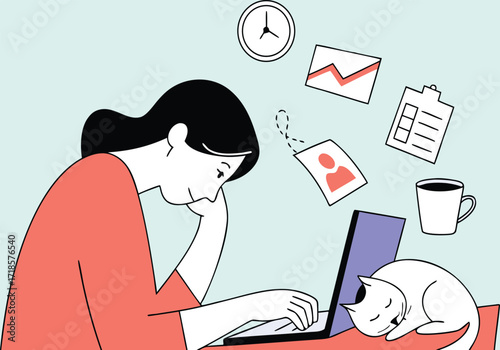 Stressed woman working on laptop with sleeping cat.