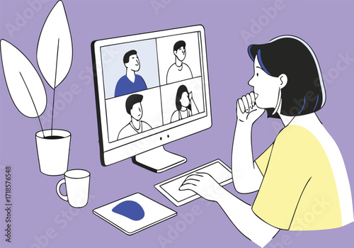 Woman on video call with colleagues conference online meeting.