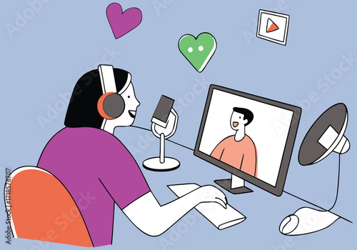 Woman with headphones on video call with microphone.