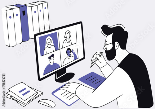 Man in video conference with binders and papers meeting.