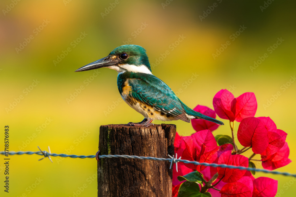 Fototapeta premium AI-Generated image of a vibrant green kingfisher perched on a rustic wooden fence post beside vivid red
