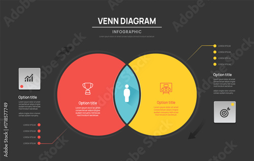Venn diagram business infographic circle chart template 3 parts options, presentation with venn diagram elements vector illustration.
