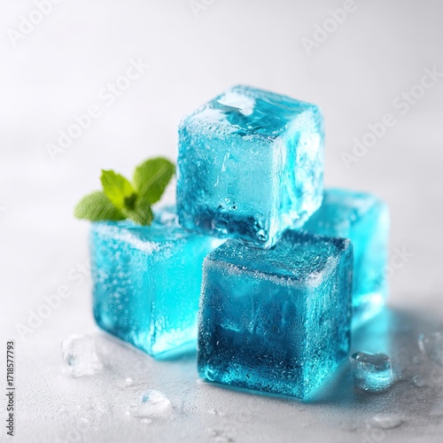 Luminous Blue Ice Cubes Stacked on White Surface with Mint Accent and Sparkling Glistening Particles