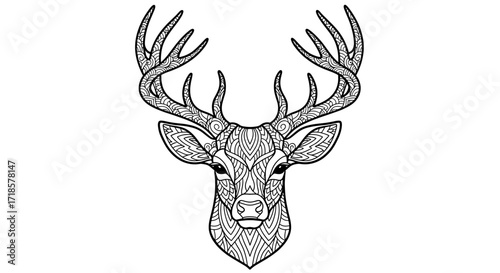 Intricate line art depicting a majestic deer's head, adorned with large antlers, in a detailed mandala style.