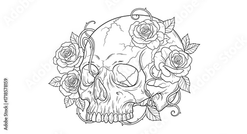 Detailed black and white illustration of a human skull adorned with roses and vines.