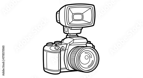 Line drawing of a digital single-lens reflex camera with an attached flash unit, presented in black and white.