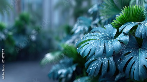 Lush Deep Blue Tropical Leaves with White Speckles Moody Natural Lighting and Greenery in Background Close Up
