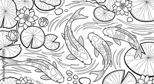 Elegant koi fish swim gracefully amidst water lilies and lily pads in a serene pond scene, ready for coloring.